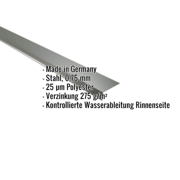 Traufenblech Stahl Chromoxidgrün, 0,75 mm, mit eingeblendeten Eckdaten zu Material und Beschichtung