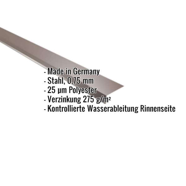 Traufenblech Nussbraun RAL 8011, Stahl 0,75 mm, Polyester 25 µm, mit eingeblendeten Eckdaten