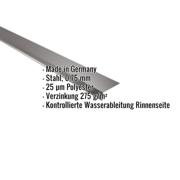 Traufenblech Stahl schokoladenbraun, 0,75 mm, mit eingeblendeten technischen Eckdaten
