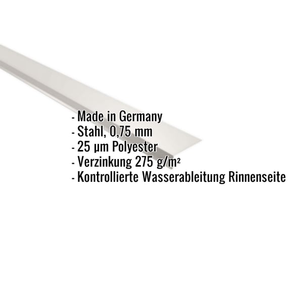 Traufenblech Stahl 0,75 mm Grauweiß mit eingeblendeten Produktdetails wie Material, Stärke und Beschichtung