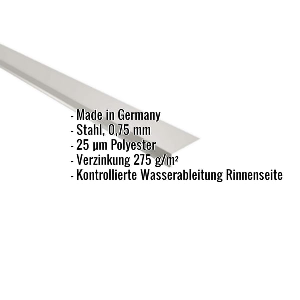 Traufenblech Weißaluminium 0,75 mm Stahl mit 25 µm Polyesterbeschichtung, Eckdaten eingeblendet