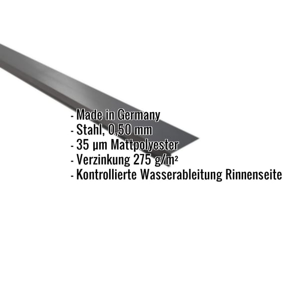 Traufenblech Stahl 0,50 mm dunkelgrau mit Mattpolyester-Beschichtung, Eckdaten eingeblendet