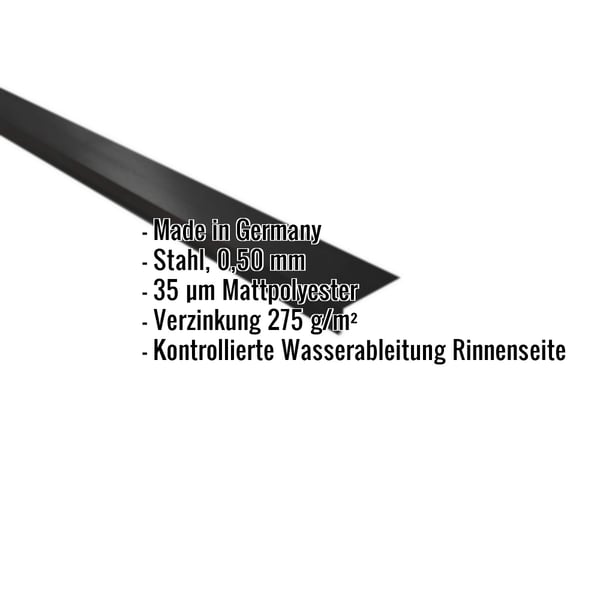 Traufenblech Stahl 0,50 mm Schwarz, 35 µm Mattpolyester, mit eingeblendeten Eckdaten