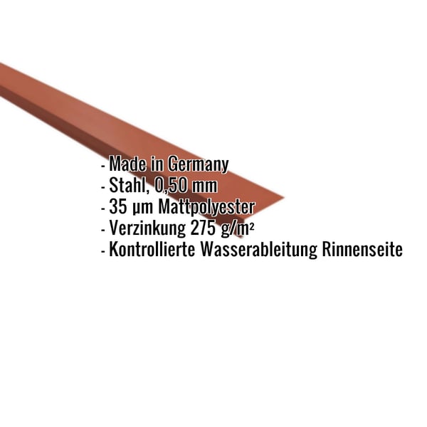 Traufenblech Ziegelrot, 0,50 mm Stahl, 35 µm Mattpolyester, mit eingeblendeten Eckdaten