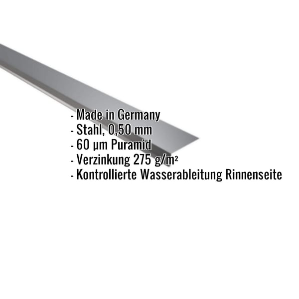 Traufenblech Anthrazitgrau mit eingeblendeten Eckdaten zu Material, Stärke und Beschichtung