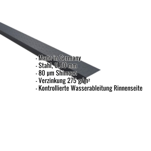 Traufenblech anthrazitgrau, 0,50 mm Stahl mit 80 µm Shimoco Beschichtung, Eckdaten eingeblendet