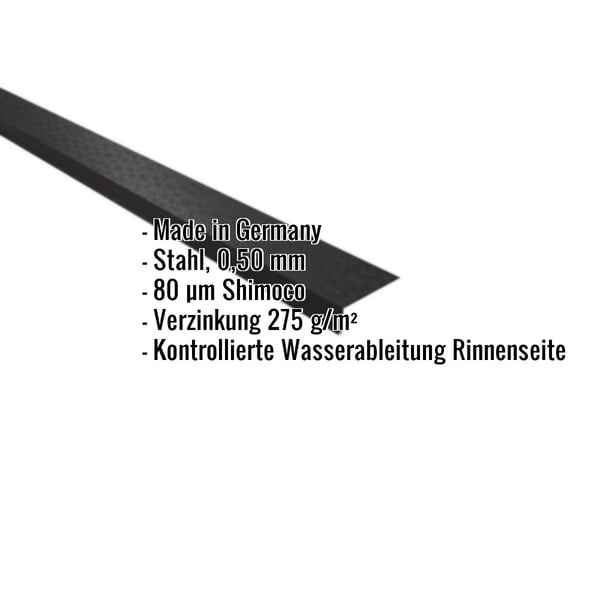 Traufenblech Tiefschwarz RAL 9005, Stahl 0,50 mm, 80 µm Shimoco, mit eingeblendeten Eckdaten