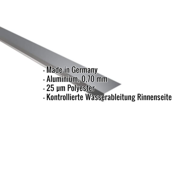 Traufenblech Aluminium Anthrazitgrau, 0,70 mm, mit eingeblendeten Eckdaten zu Material und Beschichtung