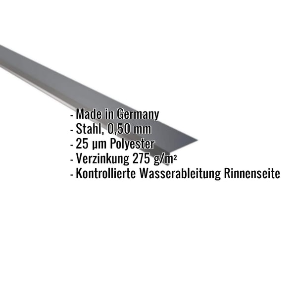 Traufenblech Anthrazitgrau 0,50 mm, schraeg von oben, mit eingeblendeten Eckdaten zu Material und Beschichtung