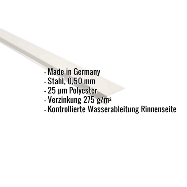 Traufenblech Reinweiß RAL 9010, 0,50 mm Stahl, mit eingeblendeten Produkteigenschaften