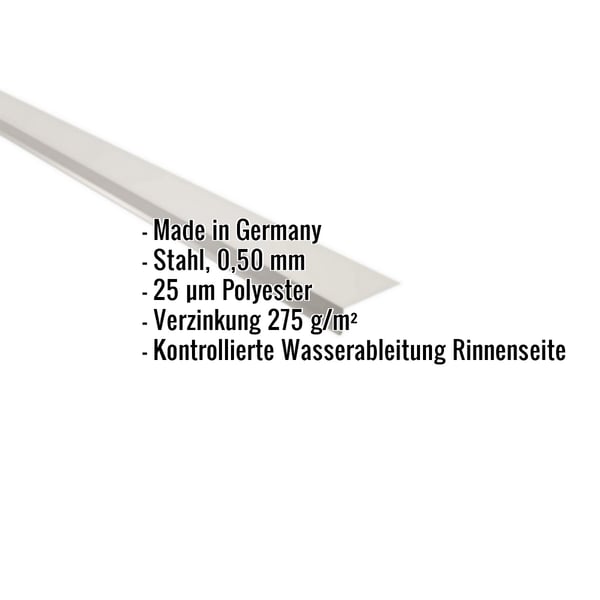 Traufenblech Stahl Grauweiß 0,50 mm, Eckdaten eingeblendet: Made in Germany, 25 µm Polyester, Verzinkung