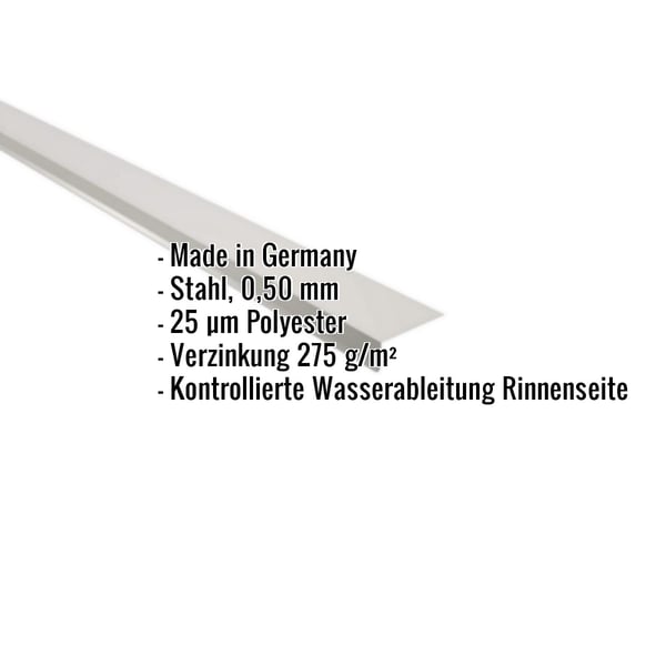 Traufenblech Weißaluminium mit eingeblendeten Eckdaten zu Material, Stärke und Beschichtung