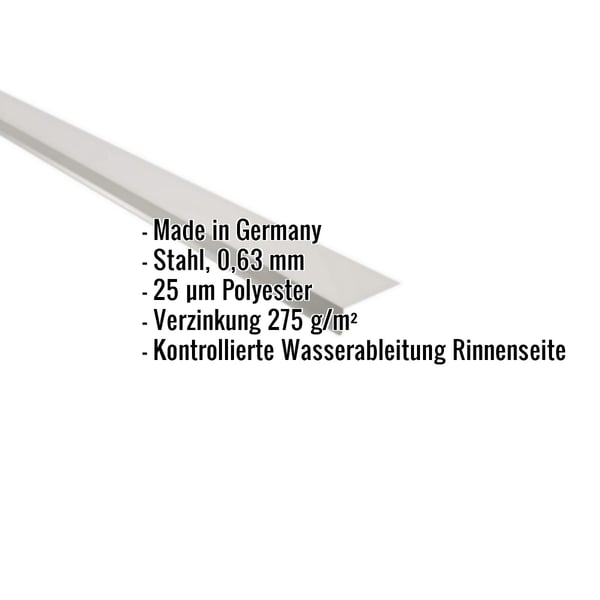 Traufenblech aus Stahl, 0,63 mm, Weißaluminium, mit eingeblendeten Eckdaten und Beschichtungsinformationen