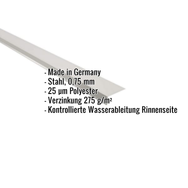Traufenblech Weißaluminium mit eingeblendeten Eckdaten: Stahl 0,75 mm, 25 µm Polyester, Verzinkung 275 g/m²