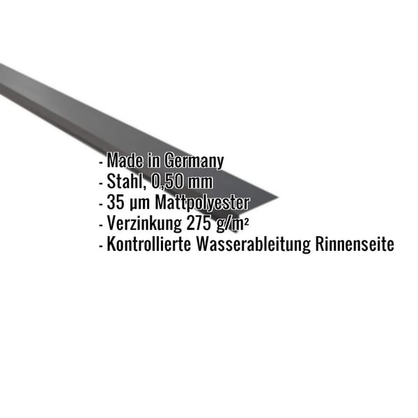 Traufenblech Stahl 0,50 mm dunkelgrau mit eingeblendeten Eckdaten zu Material und Beschichtung
