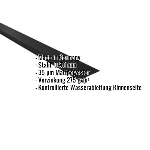Traufenblech Stahl 0,50 mm Schwarz, 35 µm Mattpolyester, mit eingeblendeten Eckdaten