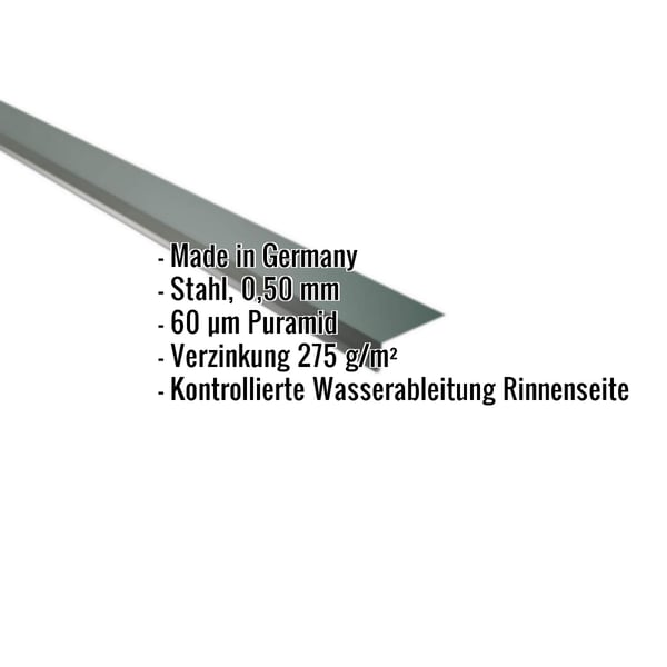 Traufenblech aus Stahl, moosgrün, mit Puramid-Beschichtung und eingeblendeten Produktdaten