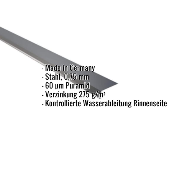 Traufenblech Anthrazitgrau, 0,75 mm Stahl, 60 µm Puramid Beschichtung, mit eingeblendeten Eckdaten