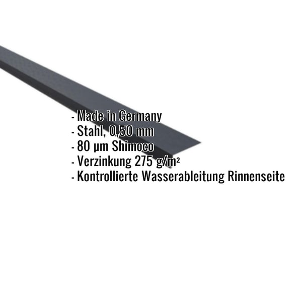 Traufenblech Anthrazitgrau, Stahl 0,50 mm, 80 µm Shimoco Beschichtung, mit eingeblendeten Eckdaten