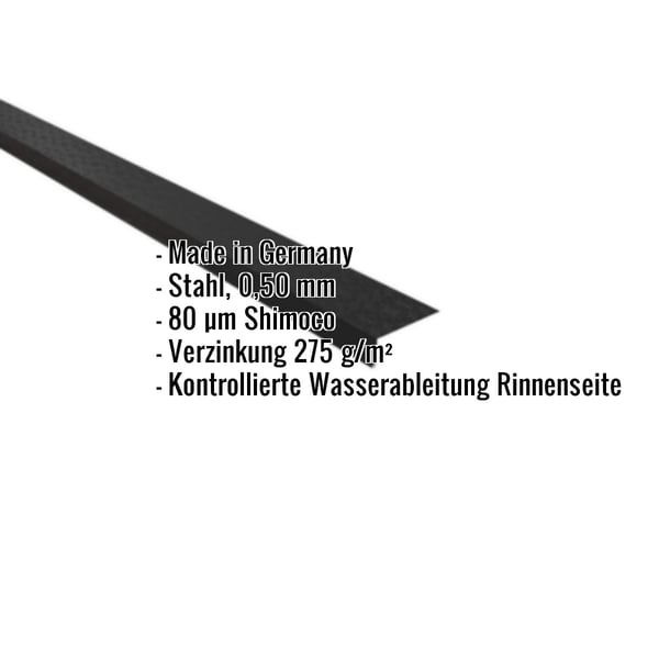 Traufenblech Tiefschwarz RAL 9005, Stahl 0,50 mm, 80 µm Shimoco Beschichtung, mit eingeblendeten Eckdaten