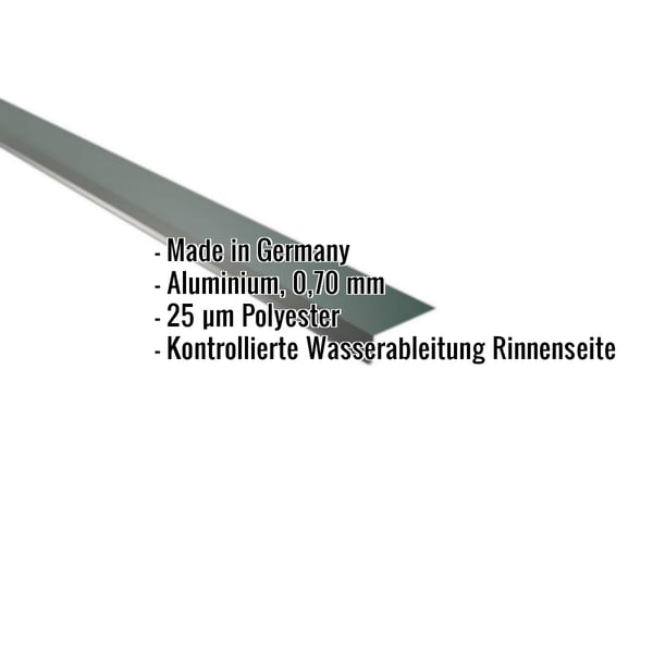 Traufenblech Aluminium moosgrün, 0,70 mm Stärke, mit eingeblendeten Eckdaten