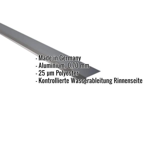 Traufenblech Aluminium Anthrazitgrau mit eingeblendeten Eckdaten: Made in Germany, 0,70 mm, 25 µm Polyester
