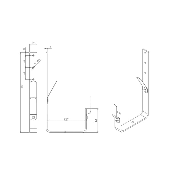 Technische Zeichnung Universal Rinnenhalter Feder/Feder mit Massangaben