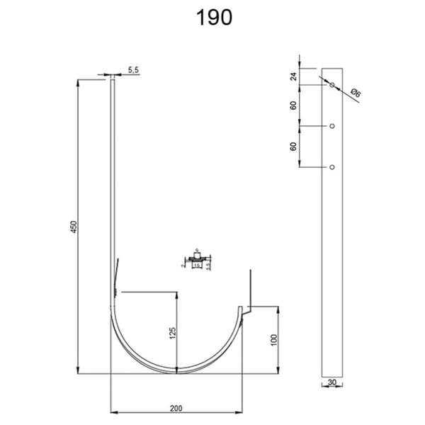 Technische Zeichnung Universal Rinnenhalter mit Massen 190, 450, 125, 100, 200 mm