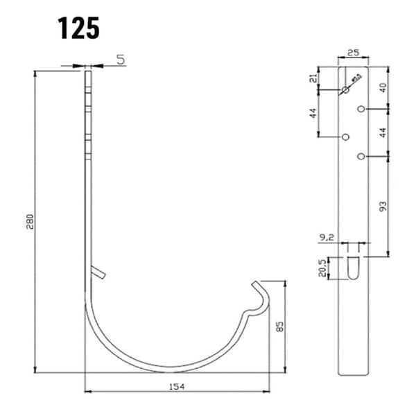 Technische Zeichnung des Universal Rinnenhalters mit Massangaben wie 280 mm Laenge und 154 mm Breite