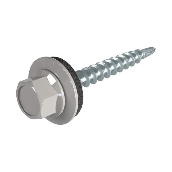 Verzinkte Schraube mit Sechskantkopf und Dichtscheibe, Farbe Graualuminium RAL 9007, freigestellt