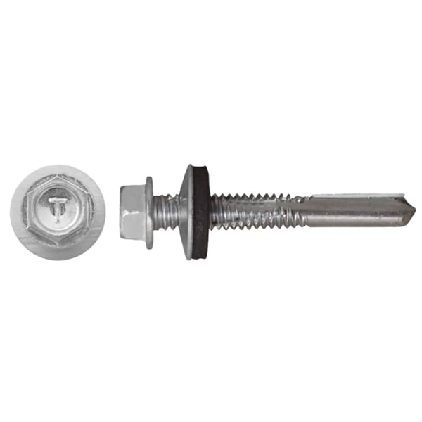 Verzinkte Schraube mit Sechskantkopf, Unterlegscheibe und Dichtung, Bohrspitze, Farbe Weißaluminium RAL 9006