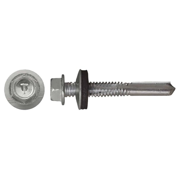 Verzinkte Schraube, Sechskantkopf mit Dichtscheibe, Bohrspitze, Seiten- und Draufsicht, Graualuminium RAL 9007