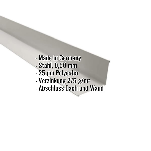 Wandanschluss aus Stahl, Weißaluminium RAL 9006, 0,50 mm Stärke, mit eingeblendeten Eckdaten