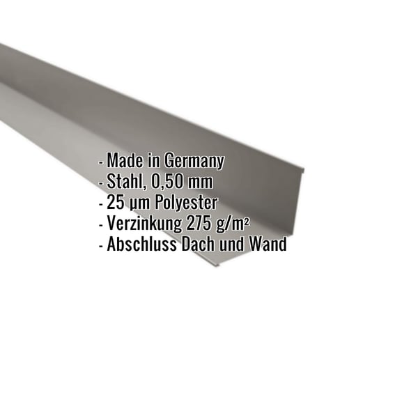 Wandanschluss Graualuminium RAL 9007, 0,50 mm Stahl, mit eingeblendeten Eckdaten