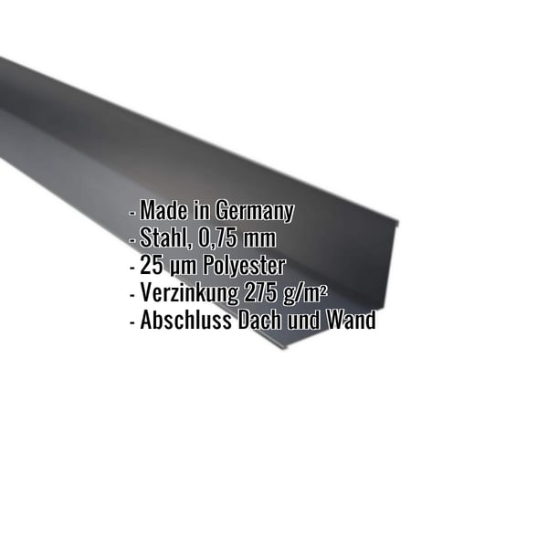 Wandanschluss aus anthrazitgrauem Stahl, 0,75 mm, mit Polyesterbeschichtung und eingeblendeten Eckdaten
