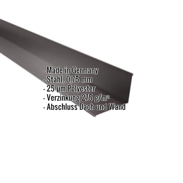 Wandanschluss Schokoladenbraun RAL 8017 aus Stahl 0,75 mm, Infografik mit Eckdaten