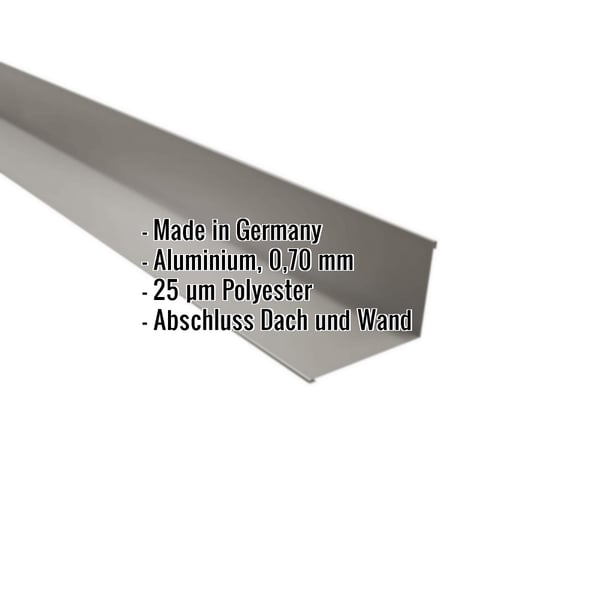 Wandanschluss Graualuminium RAL 9007 mit eingeblendeten Eckdaten zu Material, Staerke und Beschichtung