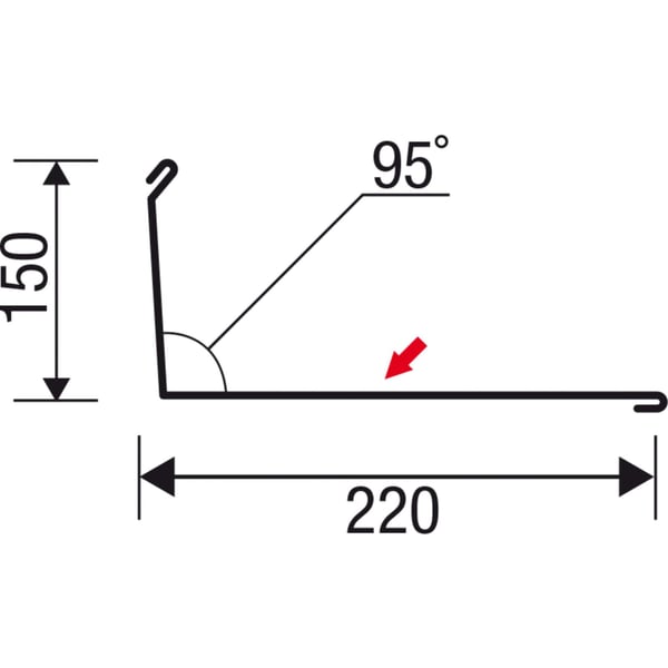Technische Zeichnung Wandanschluss Stahl mit Massen 220 mm, 150 mm und Winkel 95 Grad