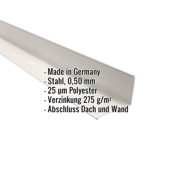 Wandanschluss Reinweiß RAL 9010 aus Stahl 0,50 mm, Polyester 25 µm, mit eingeblendeten Eckdaten