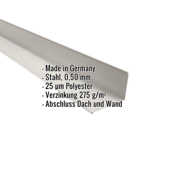 Wandanschluss Grauweiß RAL 9002 aus Stahl 0,50 mm mit Polyesterbeschichtung, Eckdaten eingeblendet