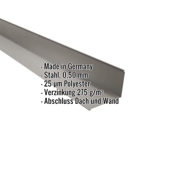 Wandanschluss Graualuminium 95 Grad, Stahl 0,50 mm, mit eingeblendeten Eckdaten