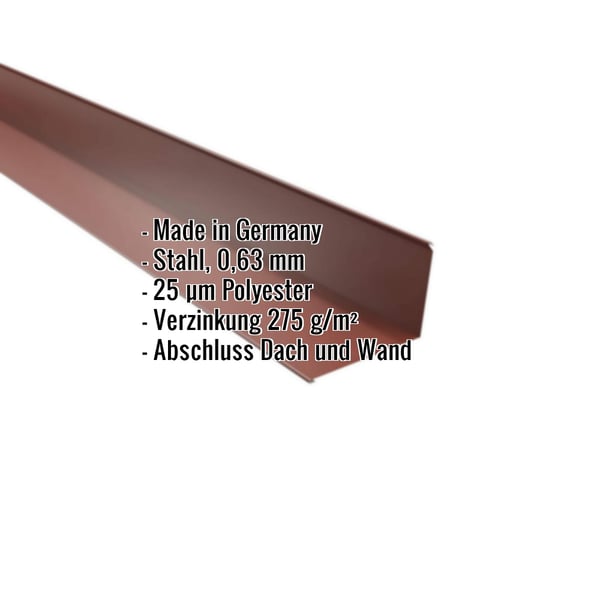 Wandanschluss aus Stahl, rotbraun RAL 8012, mit eingeblendeten Produktdaten wie Material und Beschichtung