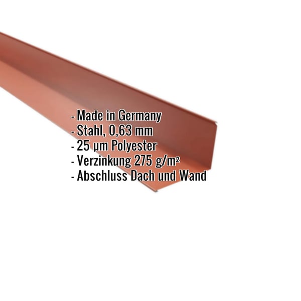 Wandanschluss Kupferbraun RAL 8004 aus Stahl 0,63 mm mit 25 µm Polyesterbeschichtung, Eckdaten eingeblendet