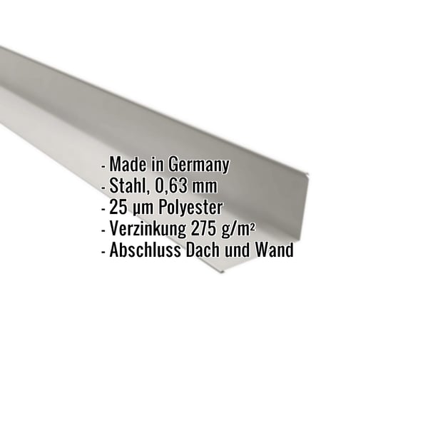 Wandanschluss aus weißaluminiumfarbenem Stahl, 0,63 mm, mit Polyesterbeschichtung und eingeblendeten Eckdaten