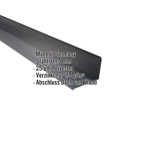 Wandanschluss Stahl Anthrazitgrau 0,75 mm, Polyesterbeschichtung, mit eingeblendeten Eckdaten