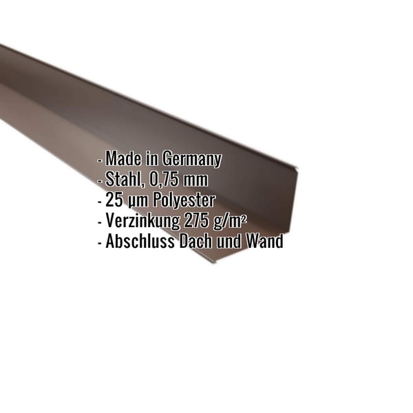 Wandanschluss Nussbraun RAL 8011 aus Stahl 0,75 mm mit 25 µm Polyesterbeschichtung, Eckdaten eingeblendet