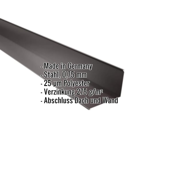Wandanschluss Schokoladenbraun RAL 8017, 0,75 mm Stahl, mit eingeblendeten Eckdaten