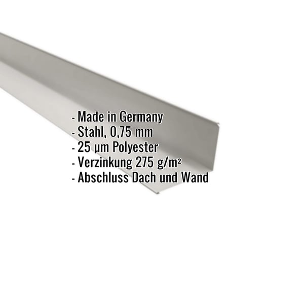 Wandanschluss aus Stahl Weißaluminium RAL 9006, 0,75 mm Stärke, mit eingeblendeten Eckdaten