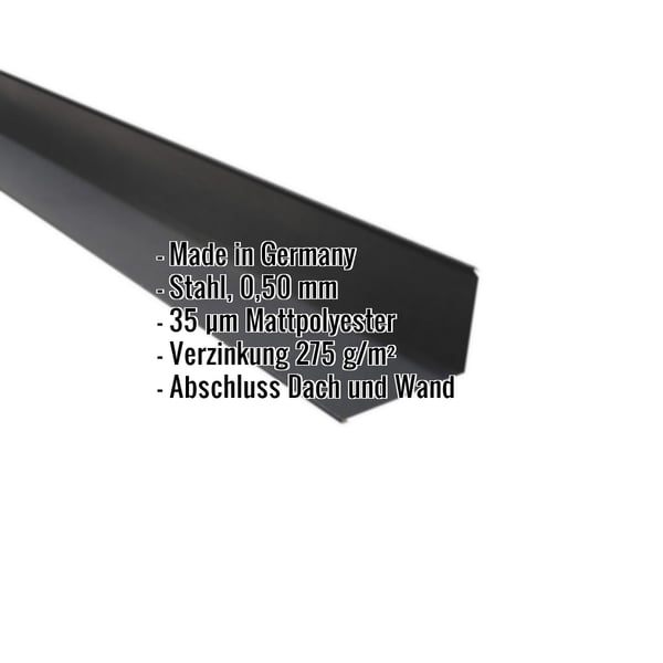 Wandanschluss aus Stahl, dunkelgrau, 0,50 mm, mit eingeblendeten Eckdaten zu Material und Beschichtung