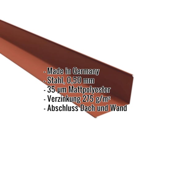 Wandanschluss Ziegelrot, Stahl 0,50 mm, 35 µm Mattpolyester, Eckdaten eingeblendet